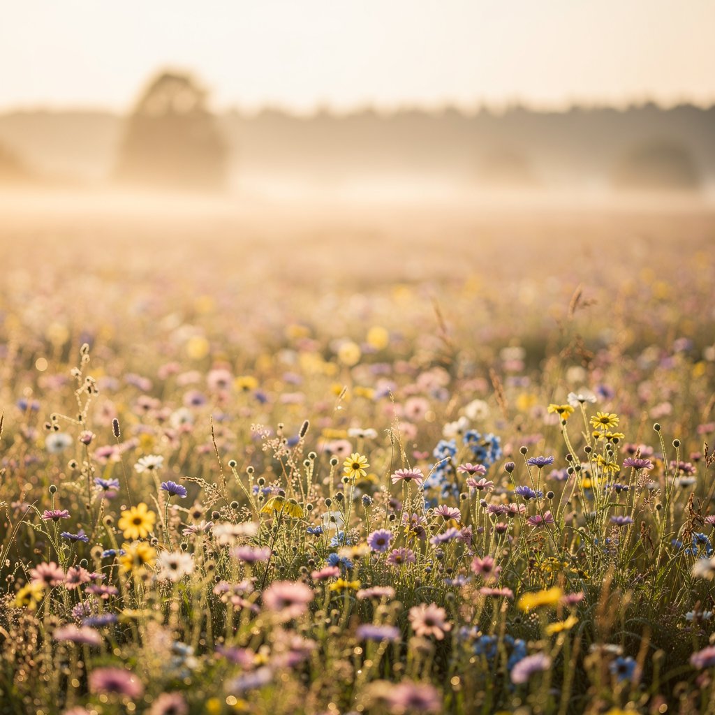 A dreamy and soft background of a flower field in Western Bohemia, morning mist, blooming wild flowers, soft pastel colors, blurred background.